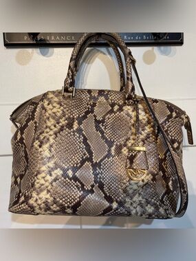 Michael Kors Beige and Brown Snakeskin-Print Satchel